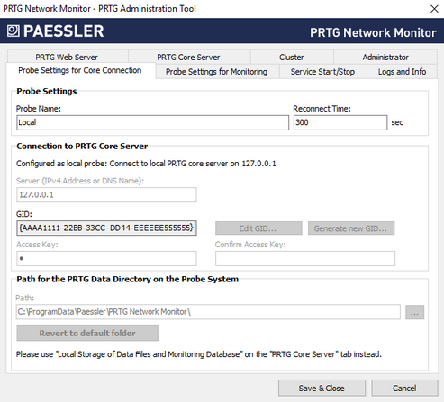 Probe Settings for Core Connection Tab